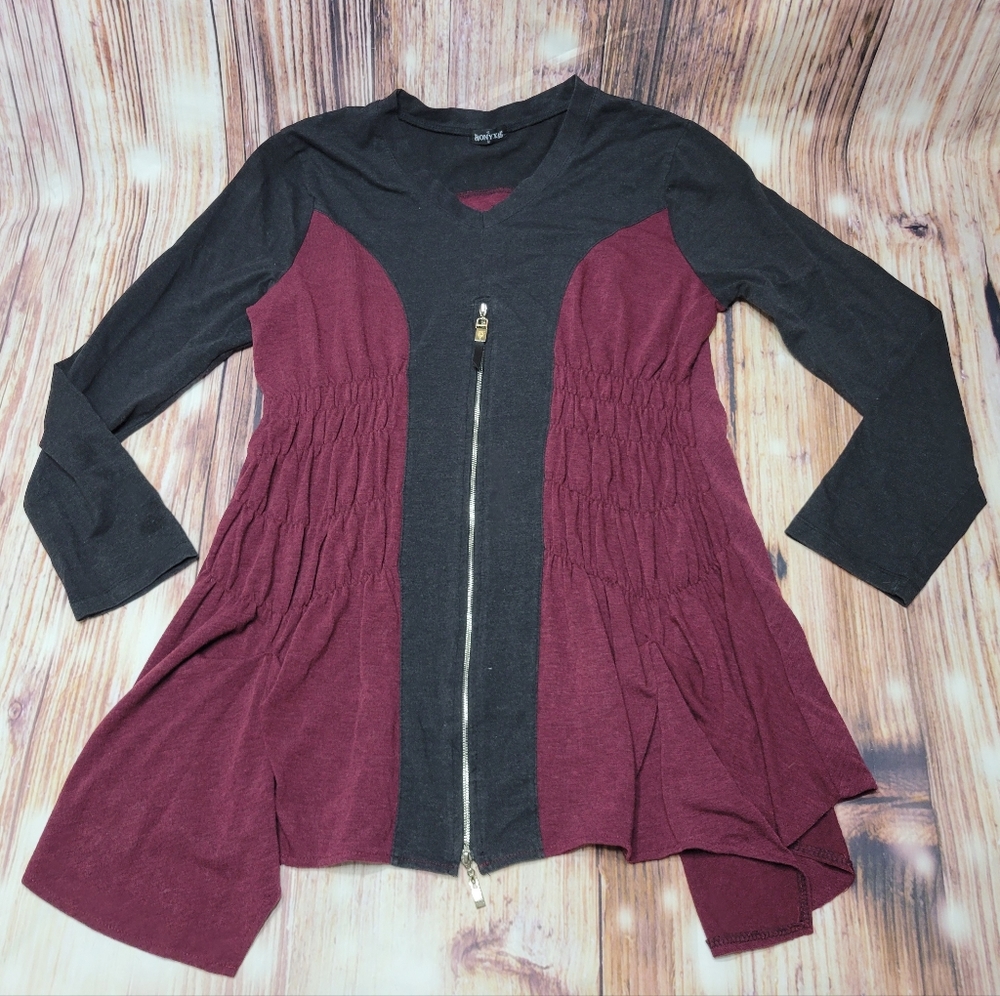 Onyx two-tone top Long Sleeve Zip Up Whimsygoth Flowy Ruched L